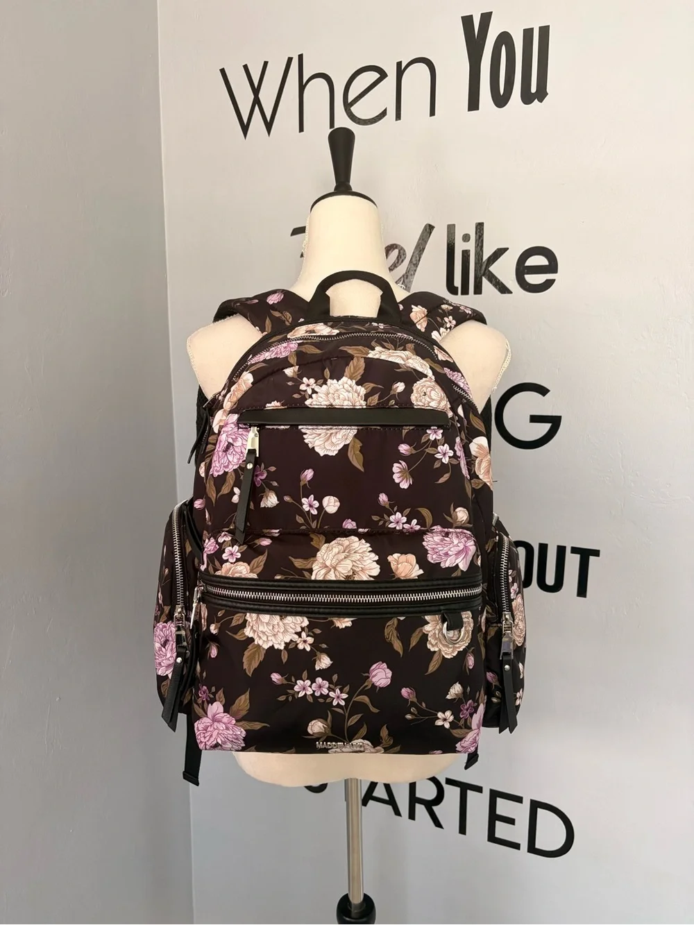 NWOT Madden NYC Black Floral Backpack with Pink & Cream Flowers